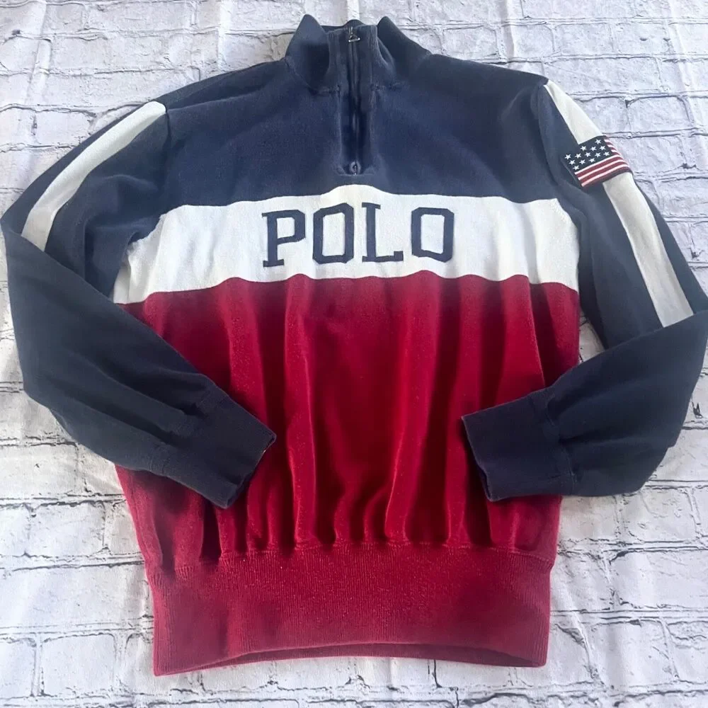 Vintage POLO Ralph Lauren Spell Out 1/4 Zip Sweater American Flag Patch M 90's